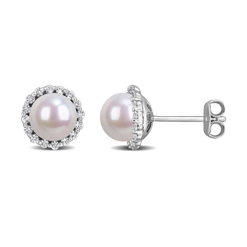 1/3 Carat (ctw) Lab-Created White Sapphire and Freshwater Cultured Pearl Earring